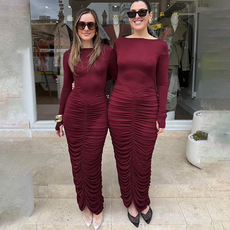 2025 Autumn New Womens Fashion Elegant Slim Fit Solid Color Long Dress with Ruched Long Sleeves