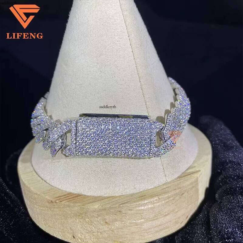 12mm Link Chain 2row Dia Sterling Sier Men VVS D Moissanite Hiphop Cuban Bracelet
