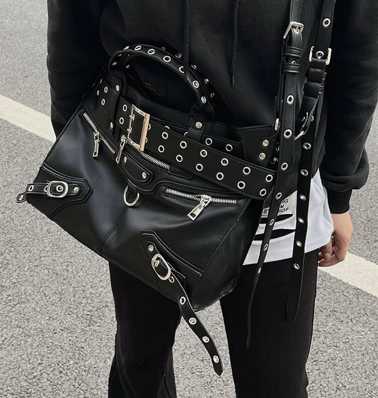 JIAERDI Rivet Black Tote Bag Women Y2k Grunge Vintage Large Capacity Crossbody Bags Ladies Moto Biker Designer Handbag