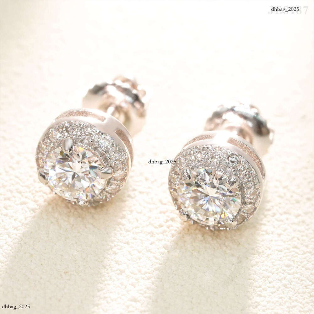 Hip-Hop Sier Plated Main Stone 5.0mm Moissanite Full Unisex Round Dense Setting Earrings