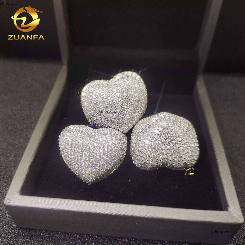 Iced Out Moissanite Engagement Hip Hop Fashion Sier Jewelry Heart Shape Dia Wedding Rings for Men Women