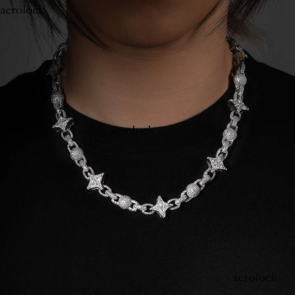 Fashion Hip-Hop New Sier Four-Pointed Star Bead Chain Light Niche Sterling Silver Inlaid Moissanite chain Trendy Men's Necklace