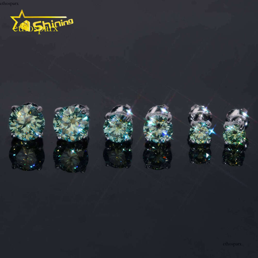 Pass Tester Sterling Sier Blue Green Moissanite Round Stud Hip Hop Earrings