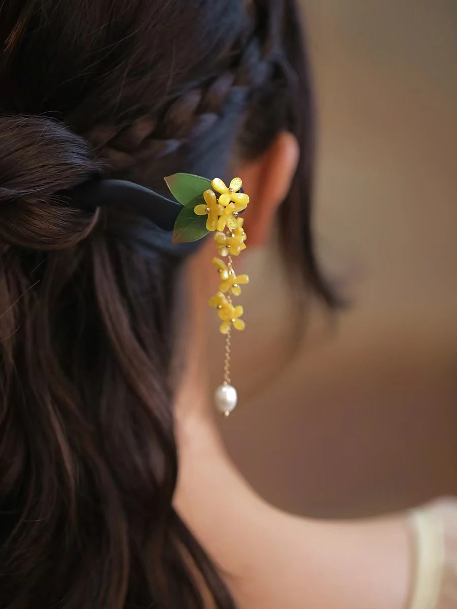 Fxlry Original Osmanthus Pearl Hairpin Wood Hairpin Fringe Accessory 250807