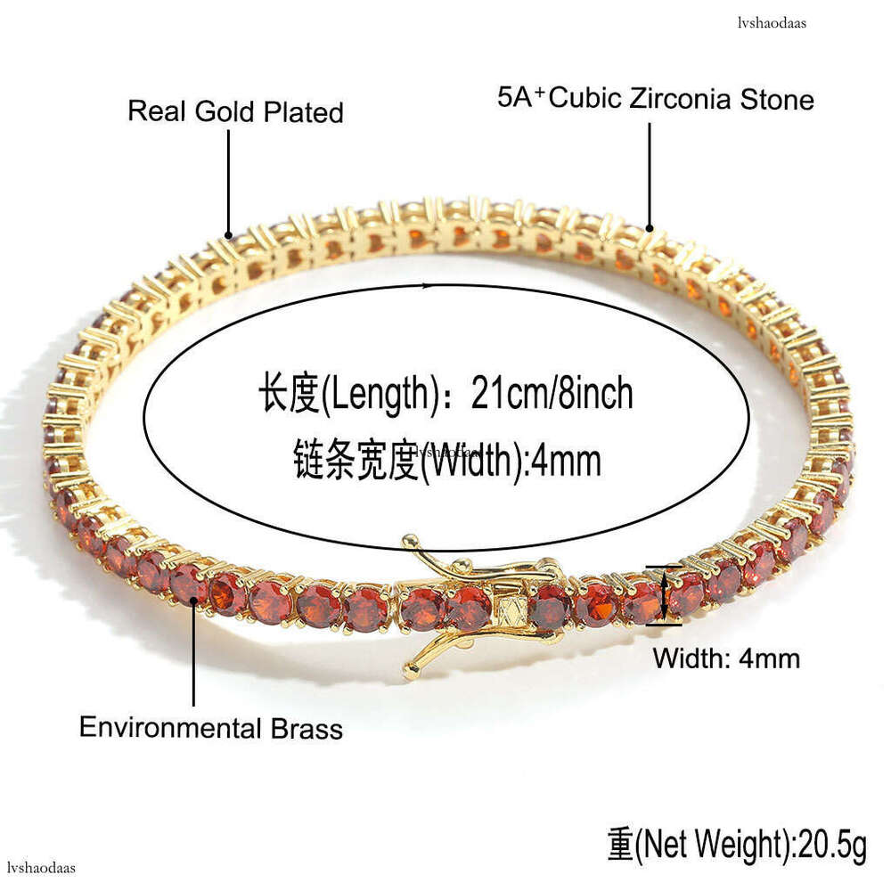Chain 4mm Red Single Row Zircon Tennis Hip-Hop Bracelet Unisex Fashion Versatile