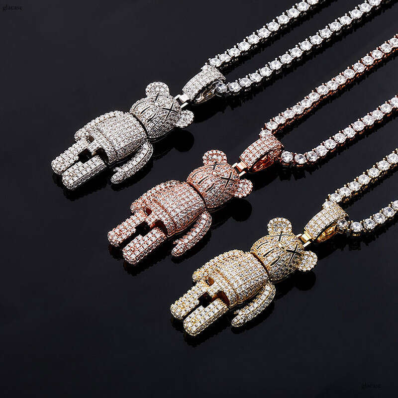 Cartoon Anime Doll Mechanical Bear Personality Pendant Full Moissanite chain Hip Hop Trendy Street Necklace Accessories Gold Jewelry