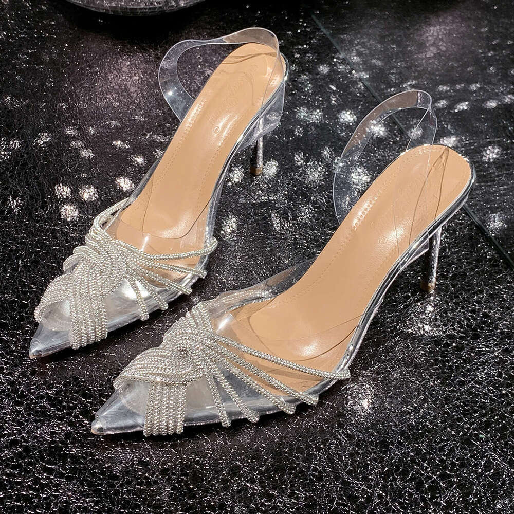 35-43 Plus Size Pointed Toe Transparent Rhinestone High Heels One-Strap 2025 Summer New Internet Designer Shoes Celebrity Outdoor Sexy Slippers Sandal