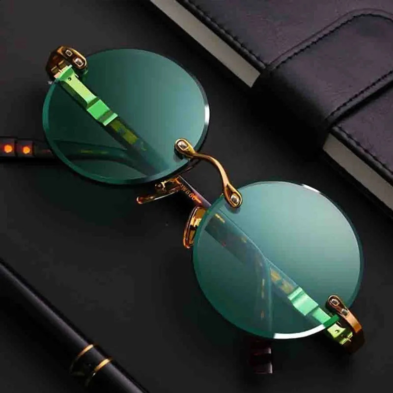 Fashion Classic Rimless Sunglasse Men Crystal Dark Green Lens Sun Glasses Retro Round Glasses Outdoor Driving Eyeglasses 250805