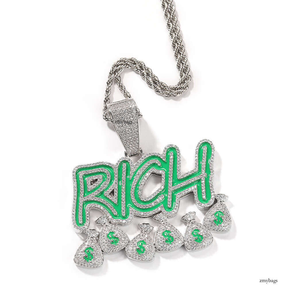 Hiisees Trendy Brand Hip-Hop Luminous RICH Money Bag Pendant Creative Moissanite chain Letter Necklace for Men and Women