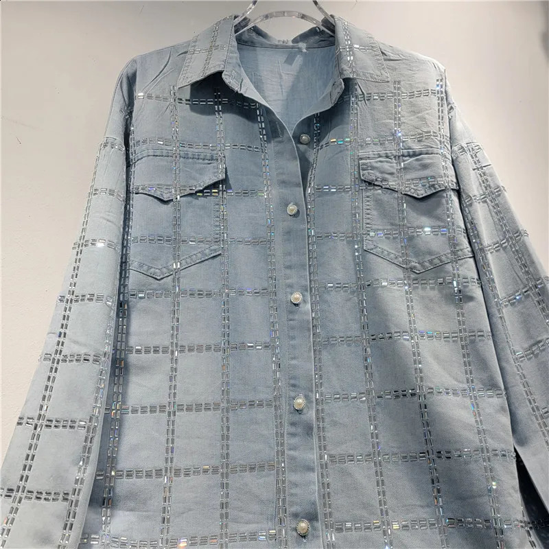Women Plaids Diamonds Beaded Denim Shirt Rhinestones Jean Blouses Drilling Cardigan TopsSequined Wide Legs Pants Jeans 2pcs Set 250808