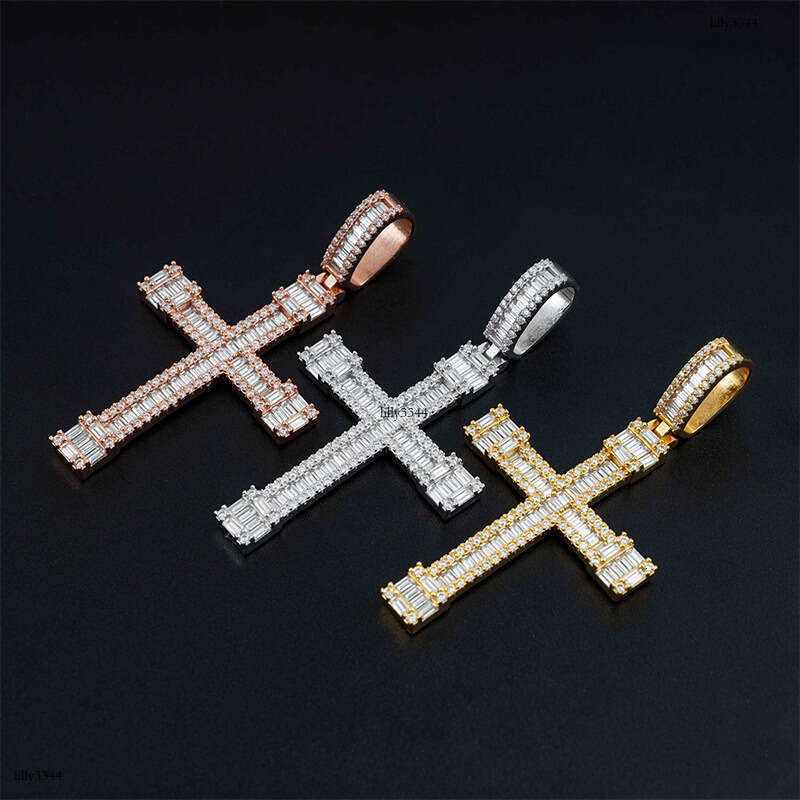 Full Sterling Silver Inlaid Moissanite chain Cross Personality Hip Hop Jewelry Accessory Necklace Pendant