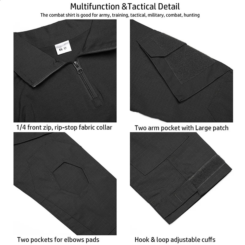 Mens Long Sleeve Combat Shirt 14 Zipper Ripstop Cotton Tactical Shirts Navy Blue Camoufalge Airsoft T 250809