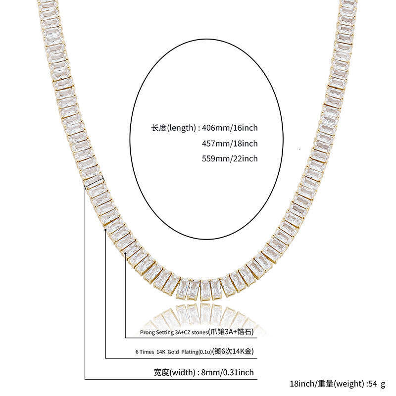 Hip-Hop Micro Pave Men's Necklace 8MM Rectangular Moissanite chain Simple Rock Style Trendy Bracelet