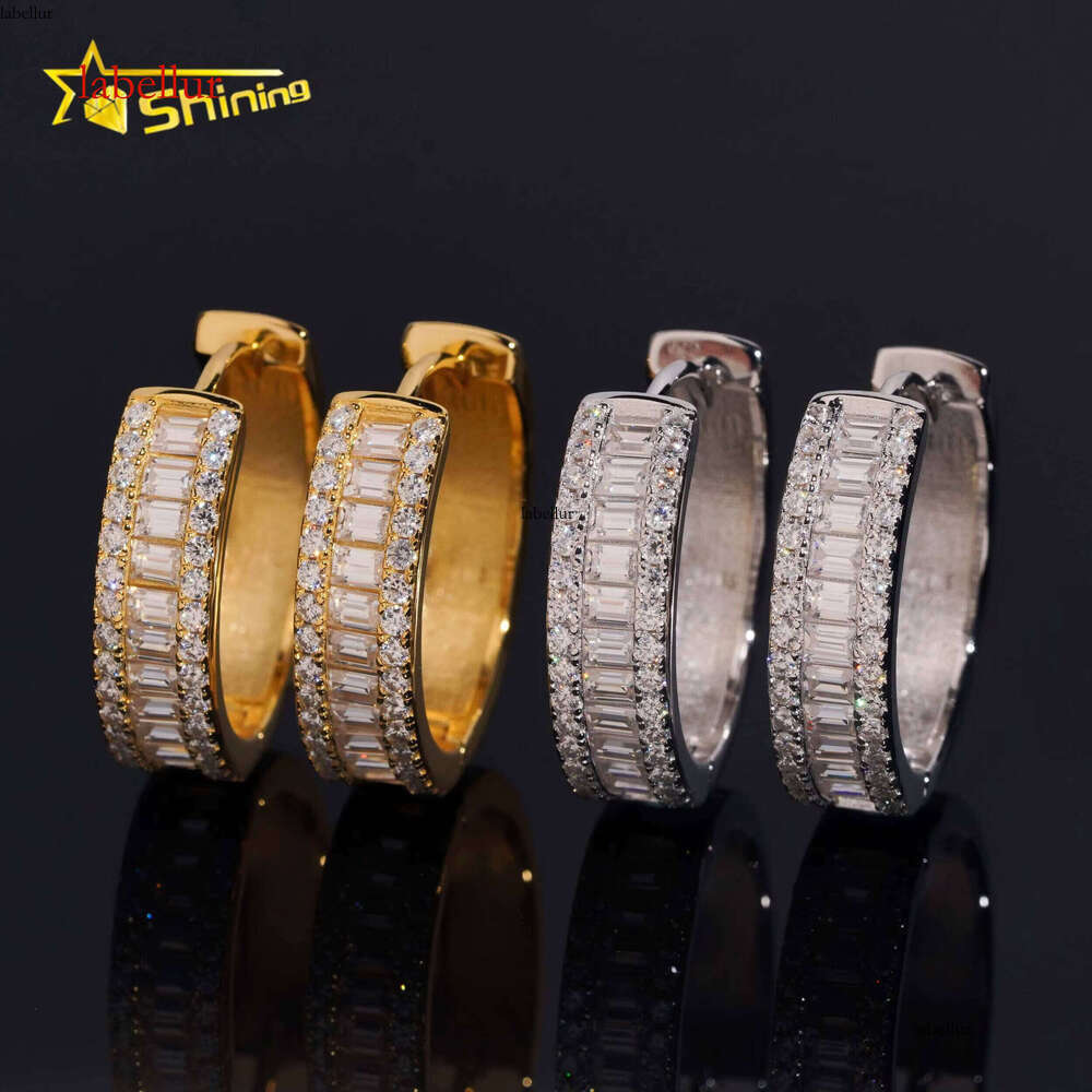 Premium Jewelry Sier Hip-Hop Gold-Plated Iced Baguette Moissanite Hoop Earrings