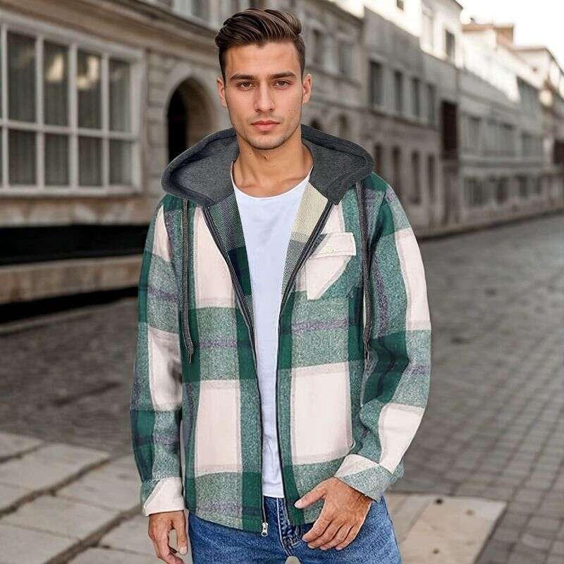 Men's Flannel Woolen Jacket Zipper Hoodie Winter Warm Hooded Coat