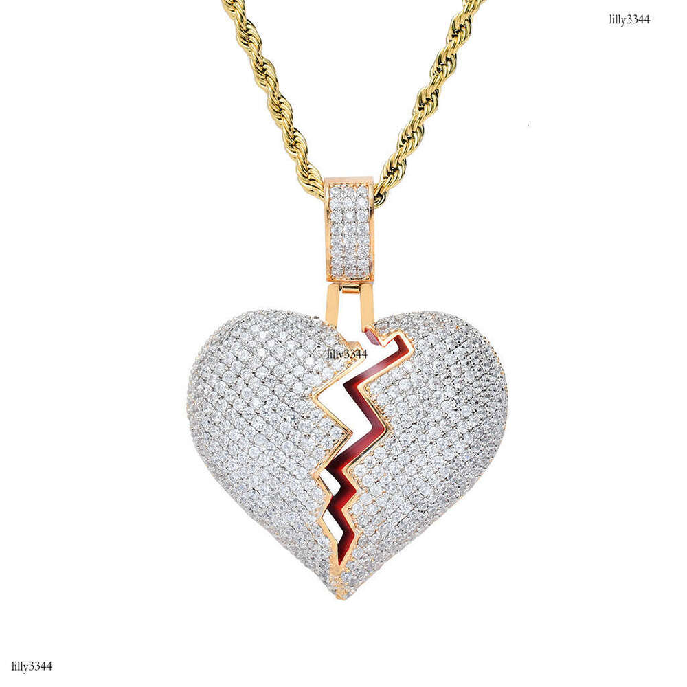 Unique Unisex Couple Heartbreak Pendant Broken Heart Full Moissanite chain Hip Hop Necklace