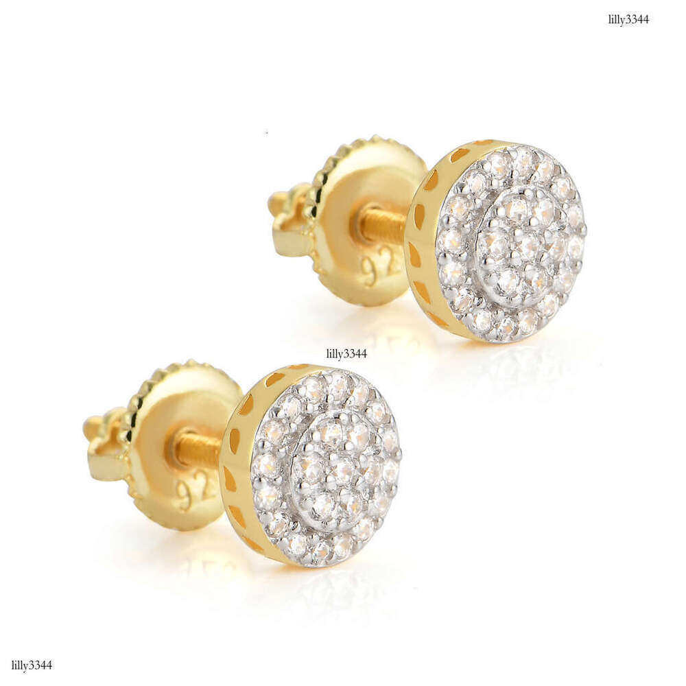 S Men's Round Micro Paved Zircon Sier Stud Earrings Hip Hop Accessories