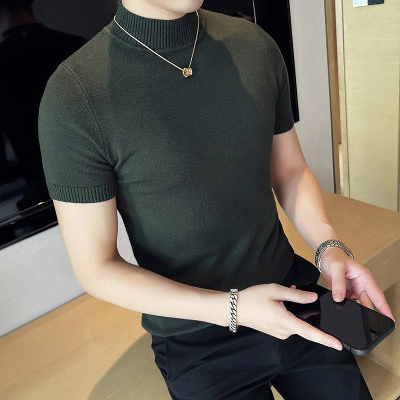 7 Colors Half High Collar Men Sweater Autumn Short Sleeve Solid Color T Shirt Slim Fit Knitted Pullover Homme 250809