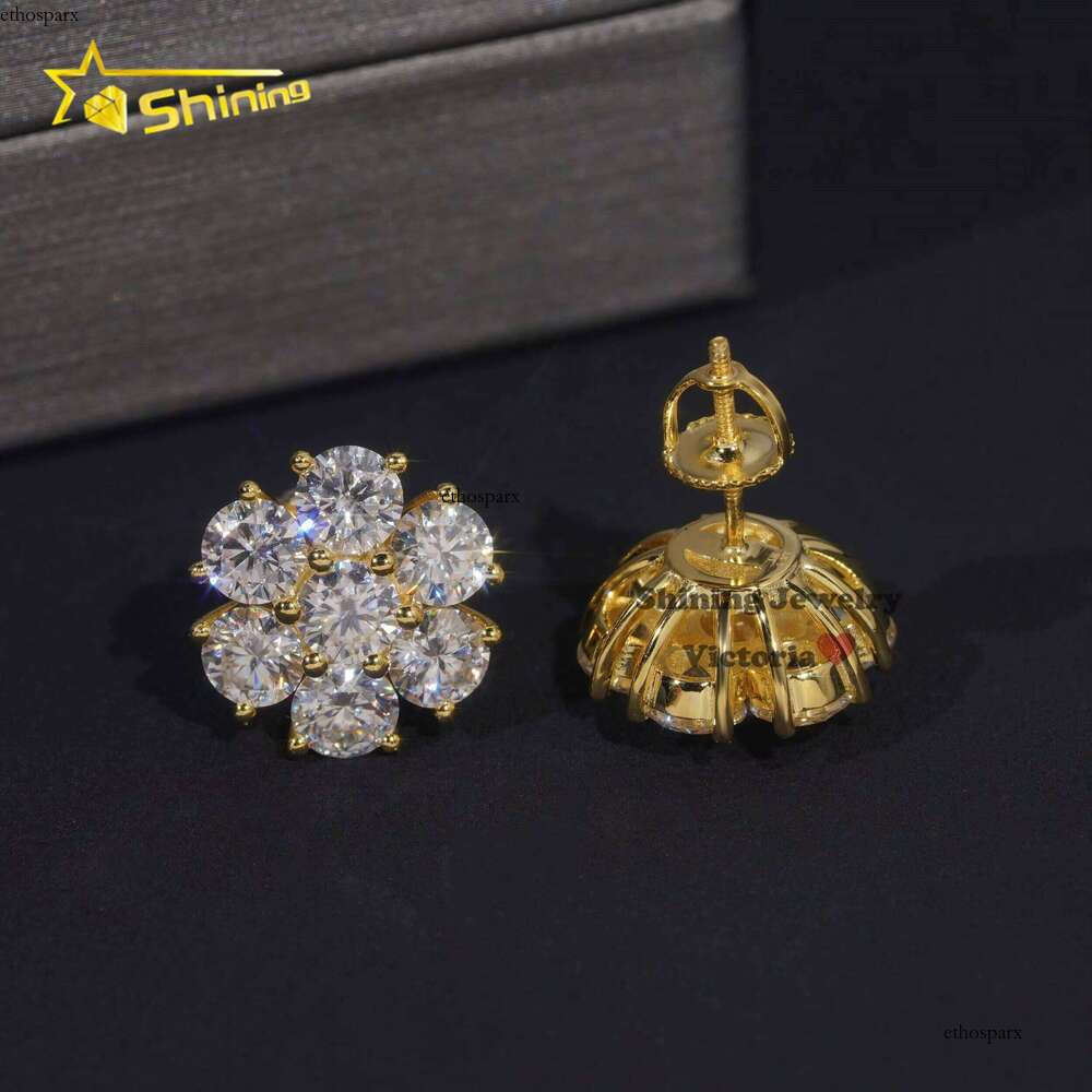 Wholesale Price Hip Hop Jewelry 15MM Flower VVS Moissanite Dia Sterling Sier Gold Plated Men Stud Earrings