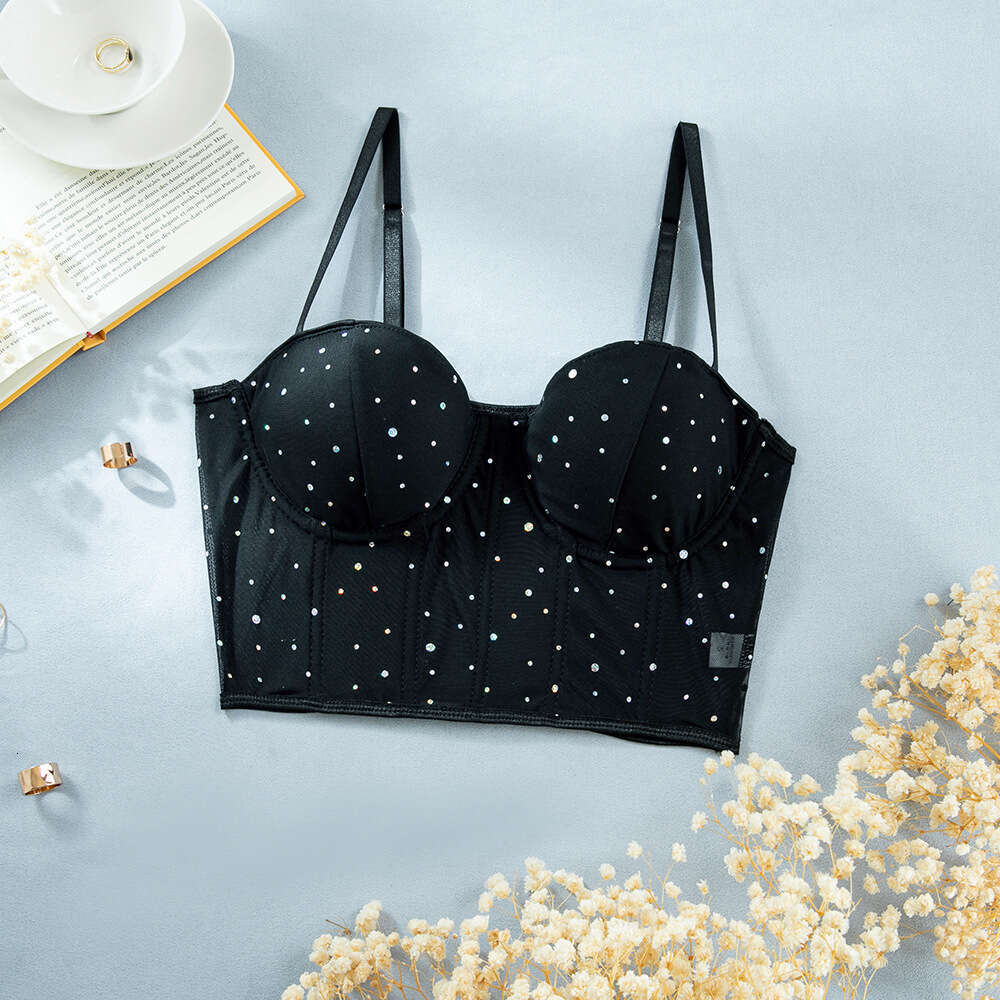 Sexy Nightclub Style Sequin Fishbone Underwire Push-Up See-Through Crop Top with Removable Chest Pads