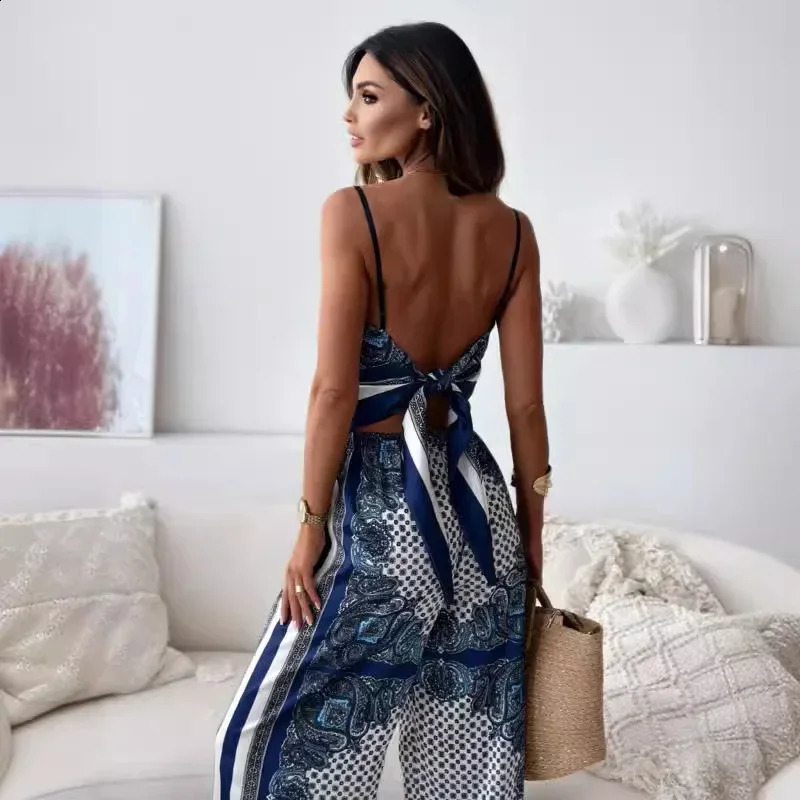 Stylish Printed Lace-Up Vest Pants Two-Piece Set Summer Satin Print Women Casual Sling Lace Up Top Wide Leg Pants 2 Piece Set 250808