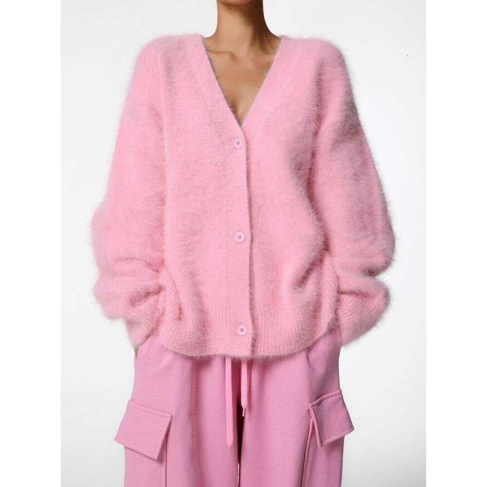 Women's Mink Knitted Cardigan Lazy Loose Long Sleeve V-Neck Sweater Jacket