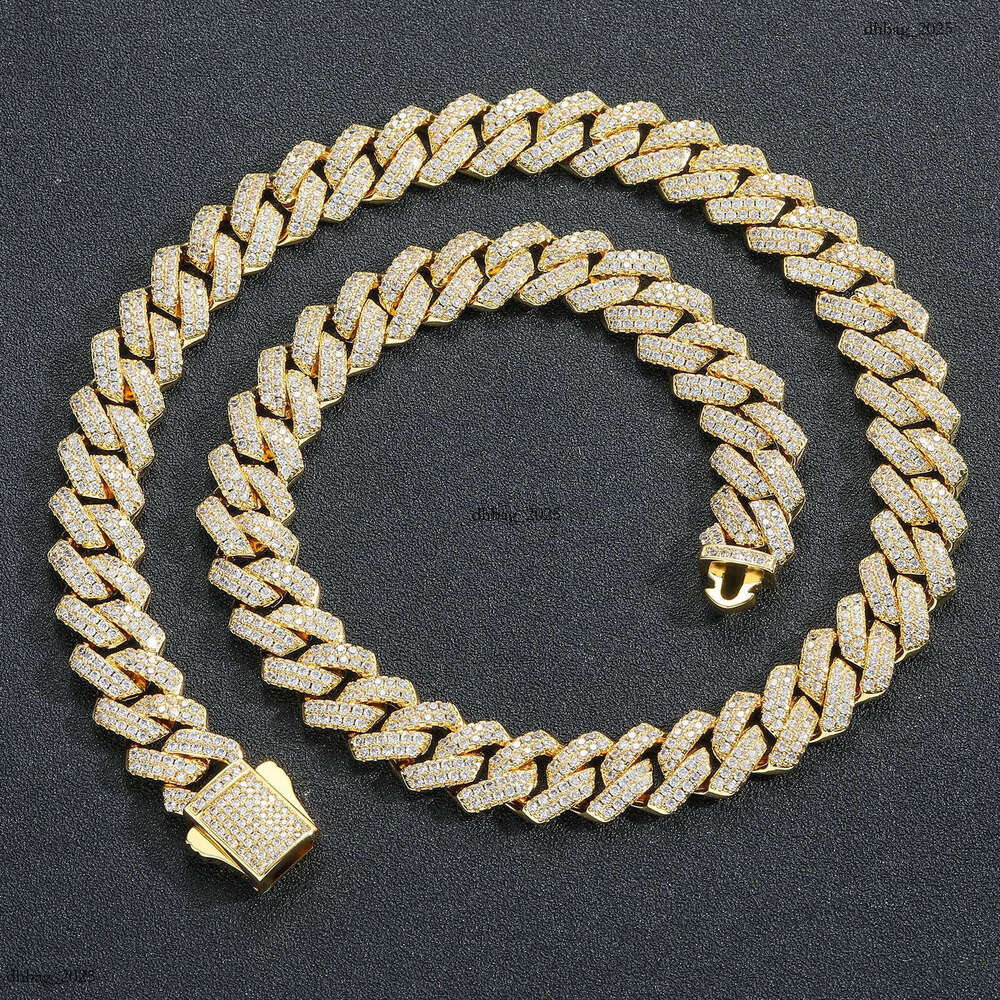 Men's Strip Spring Clasp Hiphop Sterling Silver Inlaid Moissanite chain 13mm Dia Cuban Chain Hip-Hop Necklace