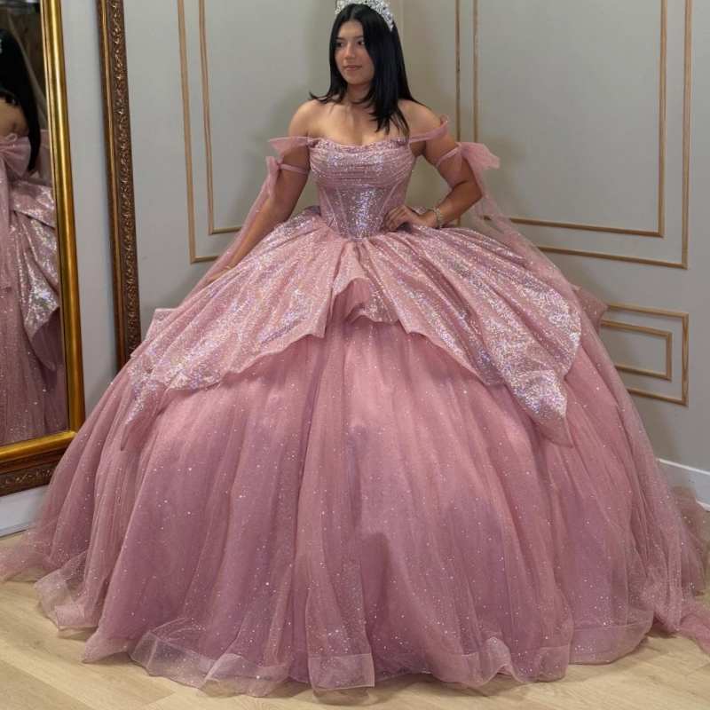 Pink Quinceanera Dresses Off The Shoulder Beads Bow Tull Party Birthday Ball Gown Vestidos De 15 Anos Sweet 16 Dress