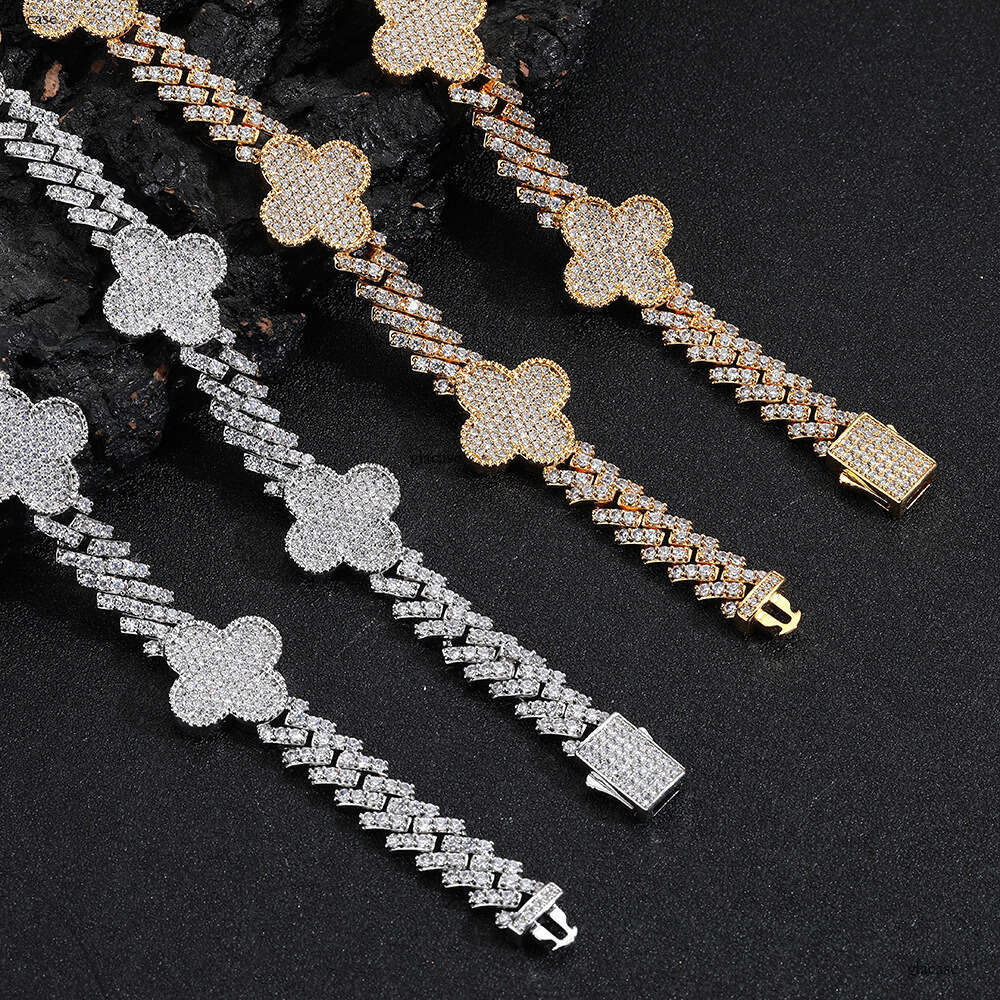Hip Hop Spring Buckle Four-Leaf Clover Rhombus Cuban Chain Zircon High-End Versatile Men's Bracelet