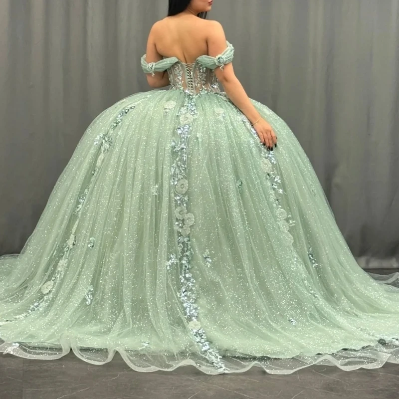 Green Quinceanera Dresses Ball Gown Off The Shoulder Applique Lace Beads Tull Corset Party Birthday Sweet 16 Dress Vestidos 15 Anos
