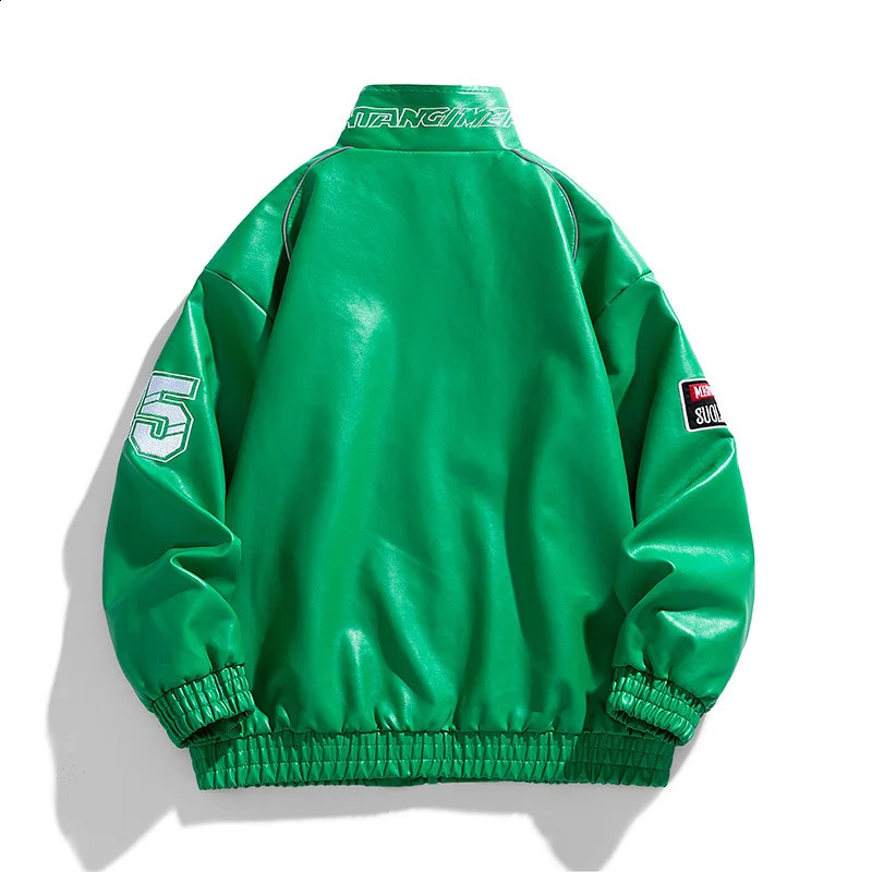 Mens Leather Jacket Pu Letter Embroidery Motorcycle Jacket Retro Hip Hop Windbreaker Biker Coat Street Fashion Black White Green 250809