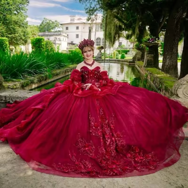 Red Quinceanera Dresses Ball Gown Off The Shoulder Applique Flower Beading Tull Corset Party Birthday Sweet 16 Dress Vestidos 15 De Anos