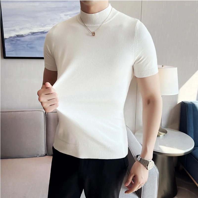 7 Colors Half High Collar Men Sweater Autumn Short Sleeve Solid Color T Shirt Slim Fit Knitted Pullover Homme 250809