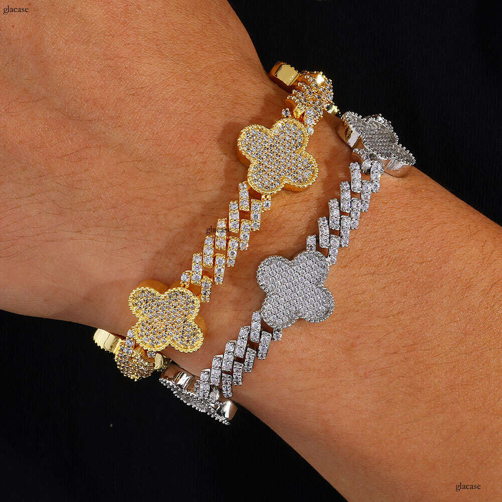 Hip Hop Spring Buckle Four-Leaf Clover Rhombus Cuban Chain Zircon High-End Versatile Men's Bracelet