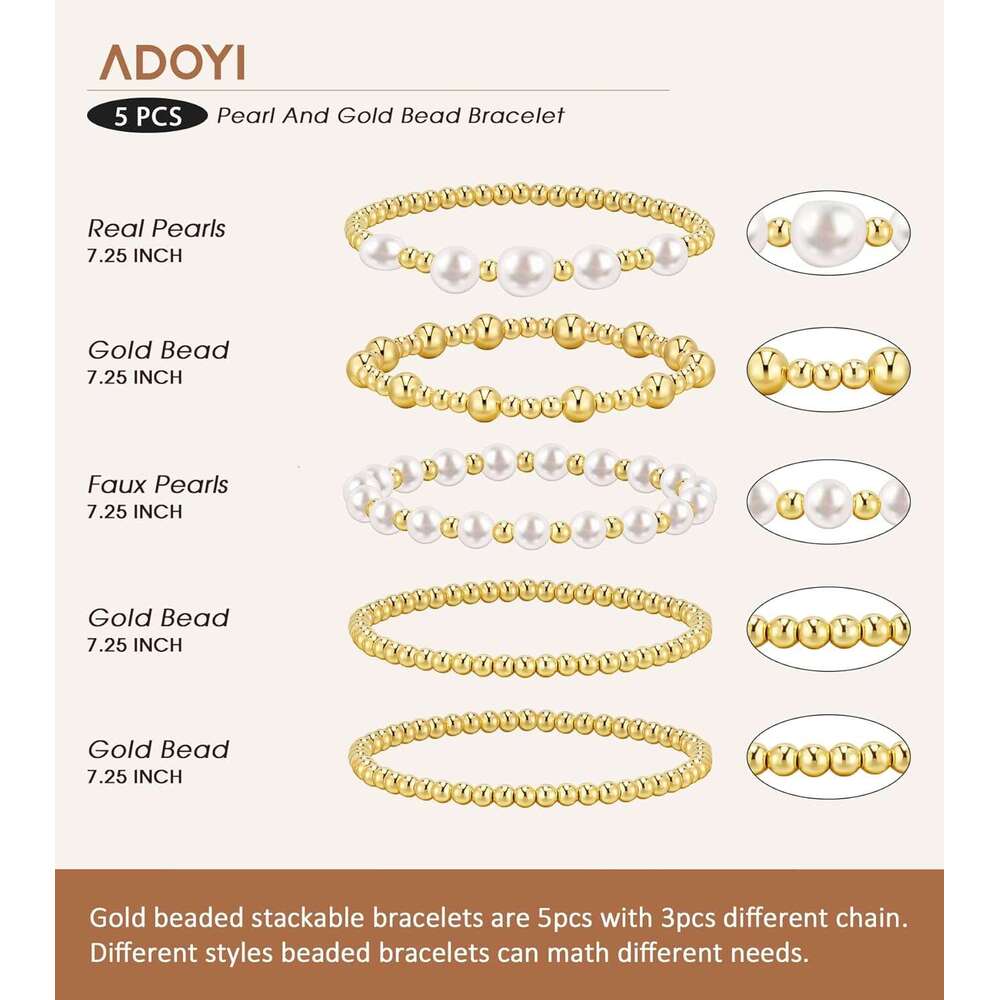 Bracelets Women Beaded 14K Gold Plated Stack Strand Stretch Bead Ball Stackable Adjustable Bracelet Set Jewelry for Gifts