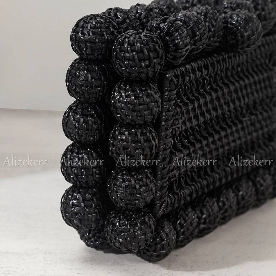 Alizekerr Beaded Hollow Out Wicker Bags Women Summer Designer Hand Woven Square Beach Straw Handbags Bohemian Holiday