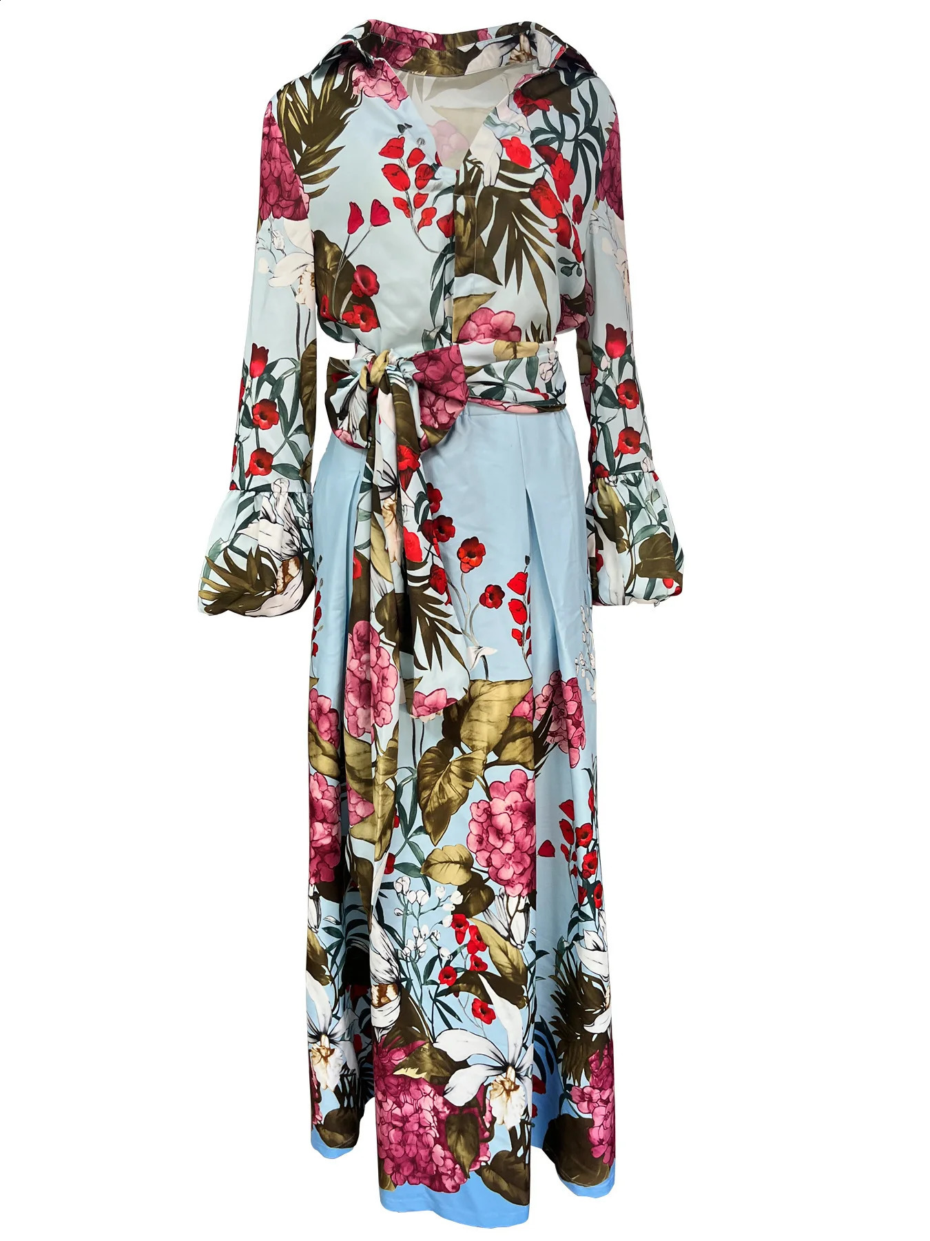 2025 Spring Floral Print Womens Two Pieces Set Long Sleeve Shirts High Waist Long Skirt Suits Female Chic Elegant Skirts Set 250808