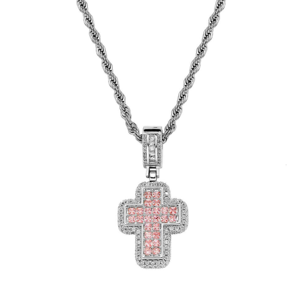 Hip Hop Fashion T Square Moissanite chain Pink Cross Necklace Personality Street Trend Jewelry