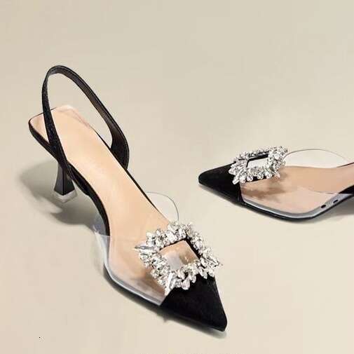 New PVC Transparent Designer shoes Square Buckle Open Back Sandals for Women, Thin Heel, Closed Toe, Elegant Pointed High Heels Fashion Shoes