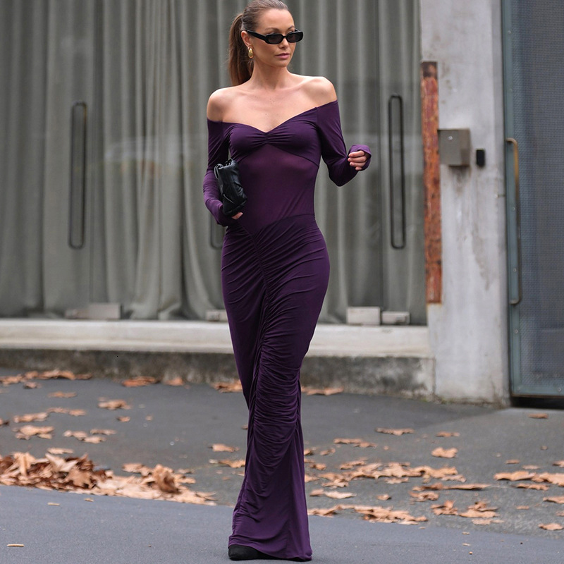 2025 Autumn New Sexy Sheer Off-Shoulder Long Sleeve Ruched Elegant Bodycon Dress for Women