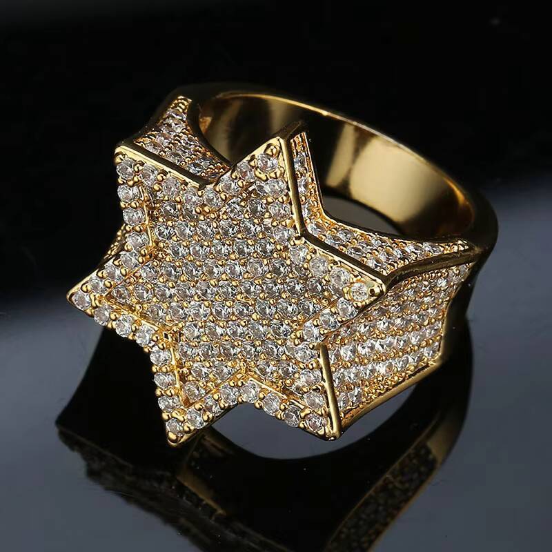 Moissanite Bedazzled Chunky Six Pointed Star Championship Rings Hip Hop Fashion Ring Outfit Jewelry