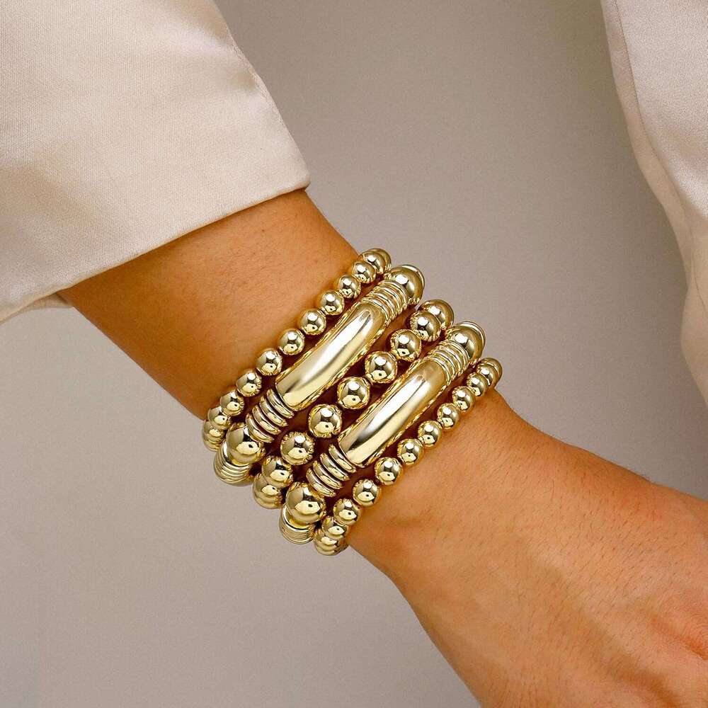 14K Gold Bangles Bracelet for Women Chunky Curved Stacking Plated Bead Ball Stretchable Bracelets