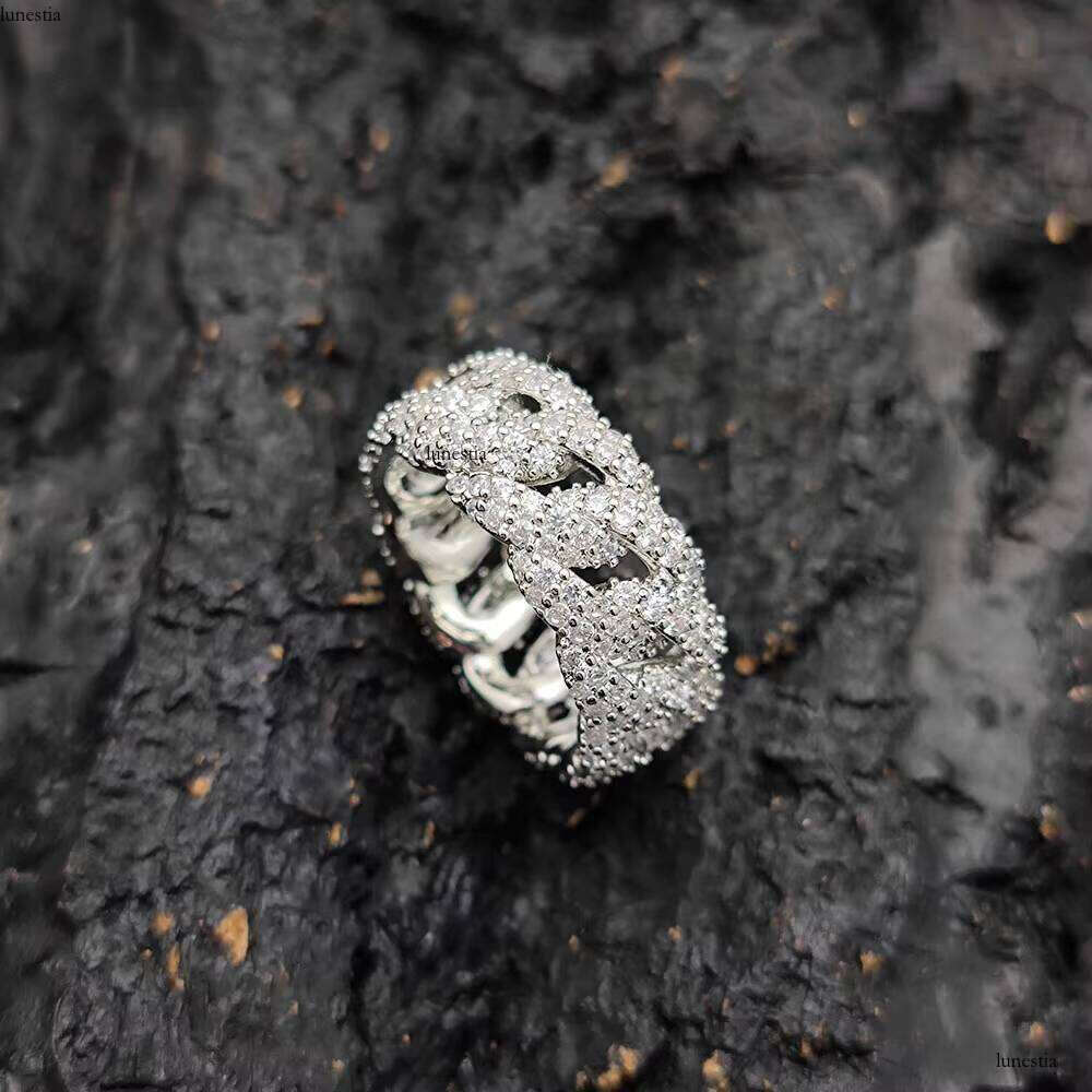 Nuoya Jewelry Hip Hop Lab Dia Finger Full Pave CZ Stone Iced Out Cuban Ring Gift for Men Women