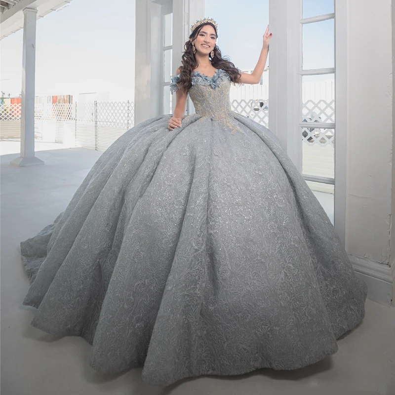 Silvery Quinceanera Dresses Ball Gown Applique Flower Beading Tulle Birthday Party Princess Sweet 16 Dress Vestidos 15 Anos