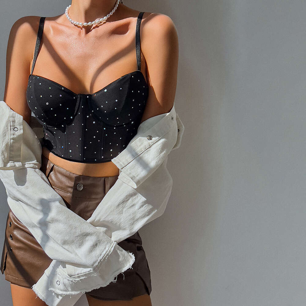 Sexy Nightclub Style Sequin Fishbone Underwire Push-Up See-Through Crop Top with Removable Chest Pads
