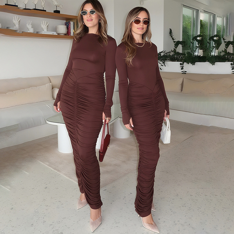 2025 Autumn New Womens Fashion Elegant Slim Fit Solid Color Long Dress with Ruched Long Sleeves