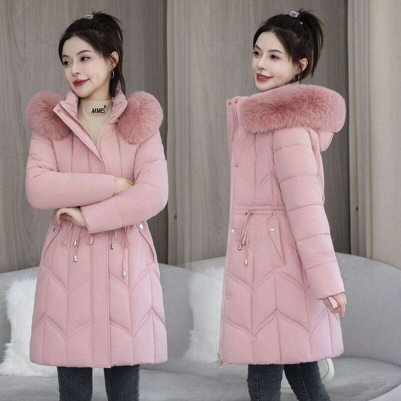 Clothing Winter Down Women's Mid Length Style Waist Thickening Warm Large Fur Collar Jacket New Cotton Coat