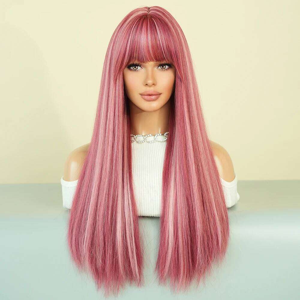 PARK YUN Long Straight Pink Wigs with bangs Women Highlights white Popular Sweet Synthetic Wig for Daily Cosplay Lolita
