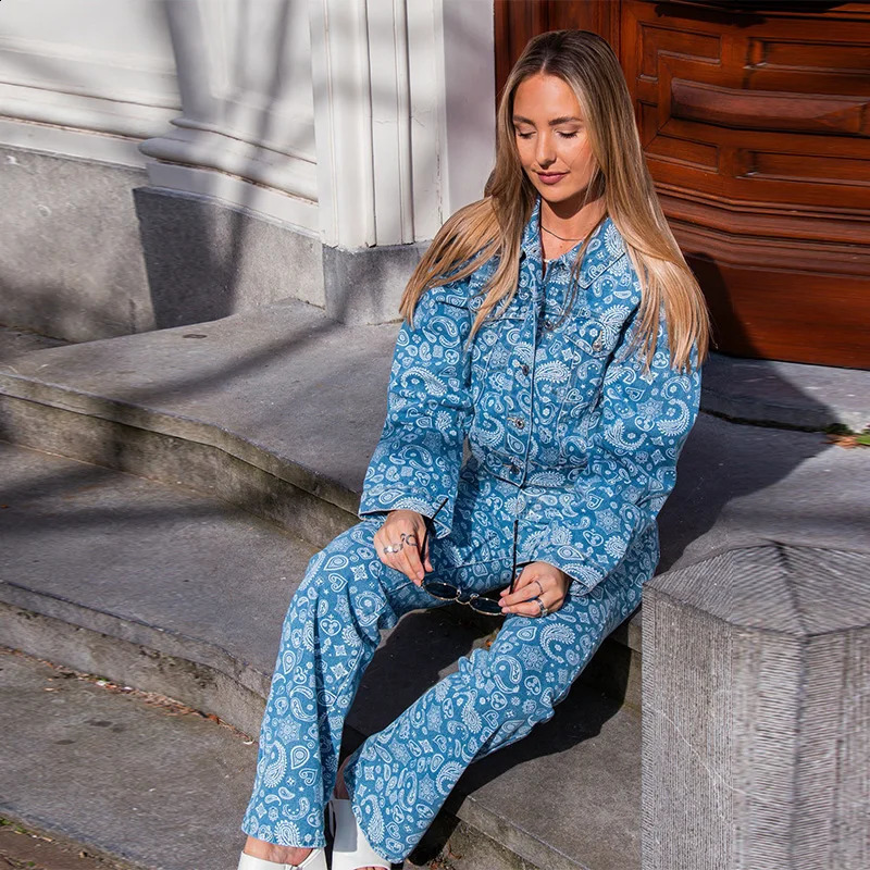 Lapel Print Denim Jackets Coats Jeans Women 2 Piece Sets Baggy Single Breasted Tops Straight Trousers Pant Suits Outfit 250808