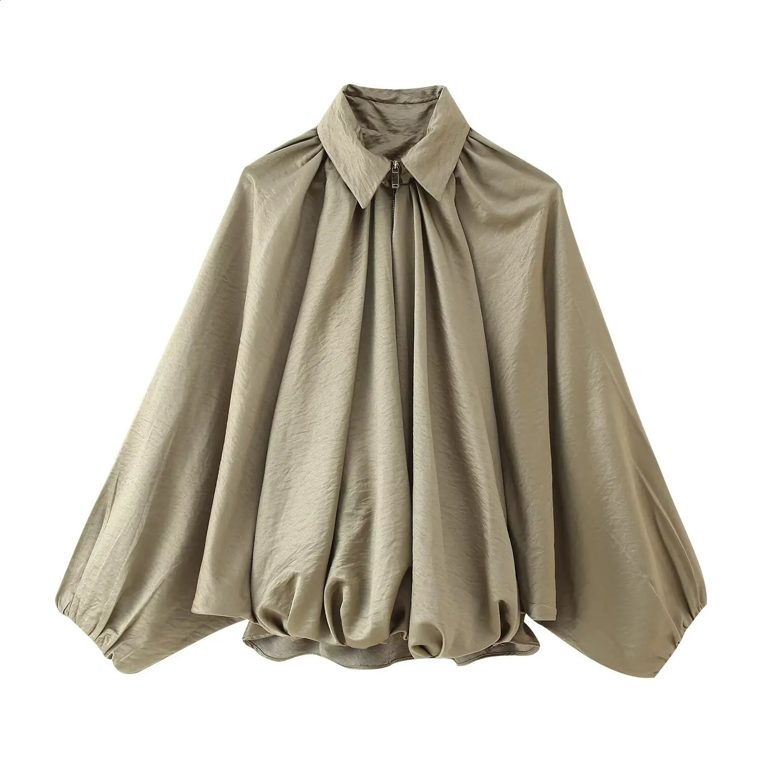 Fashion Womens Casual Zipper n Solid Color Jacket Spring Lapel Batwing Sleeve Pleated Loose Top 250809